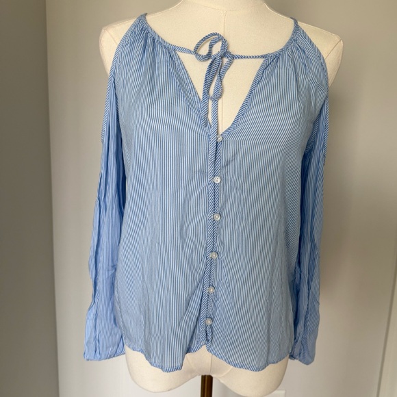 Divided H&M Blue and White Striped Cold Shoulder Peasant Women's Top Size 2 - Picture 1 of 6